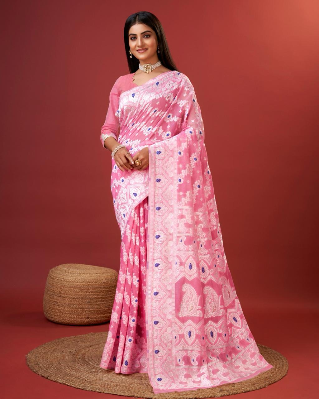 Soft Cotton Pink Saree with Blouse Piece Colorful Saree