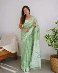 Soft Cotton Pista Green Saree with Blouse Piece Colorful Saree