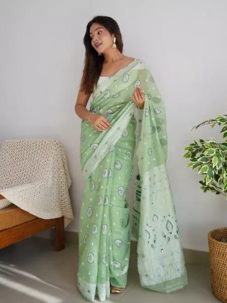 Soft Cotton Pista Green Saree with Blouse Piece Colorful Saree