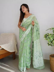 Soft Cotton Pista Green Saree with Blouse Piece Colorful Saree