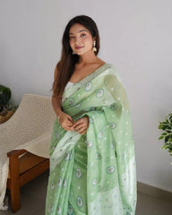 Soft Cotton Pista Green Saree with Blouse Piece Colorful Saree