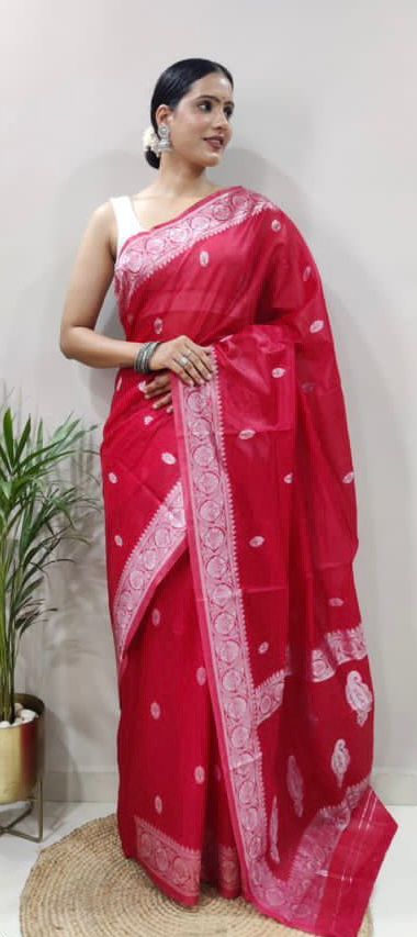 Soft Cotton Red Saree with Blouse Piece Colorful Saree