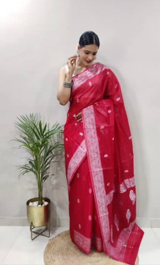 Soft Cotton Red Saree with Blouse Piece Colorful Saree