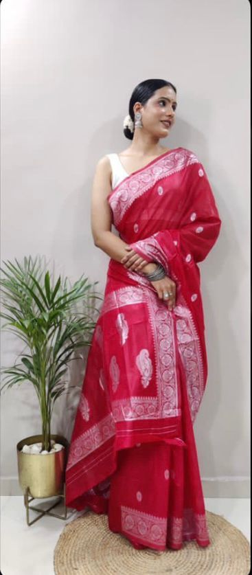 Soft Cotton Red Saree with Blouse Piece Colorful Saree