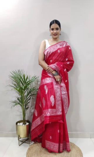 Soft Cotton Red Saree with Blouse Piece Colorful Saree