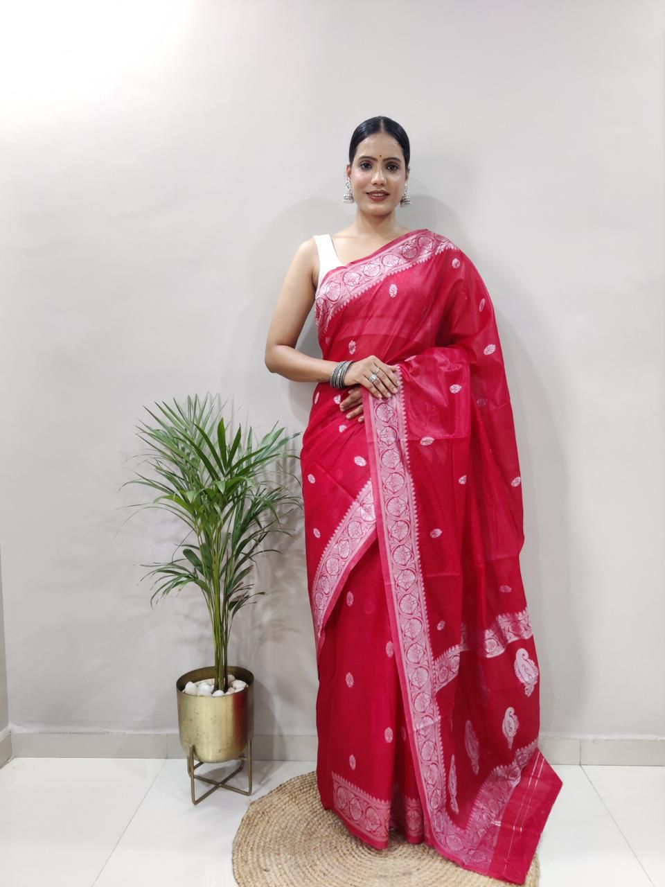 Soft Cotton Red Saree with Blouse Piece Colorful Saree