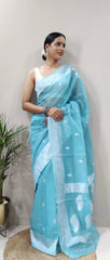 Soft Cotton Sky Blue Saree with Blouse Piece Colorful Saree