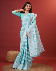 Soft Cotton Sky Blue Saree with Blouse Piece Colorful Saree