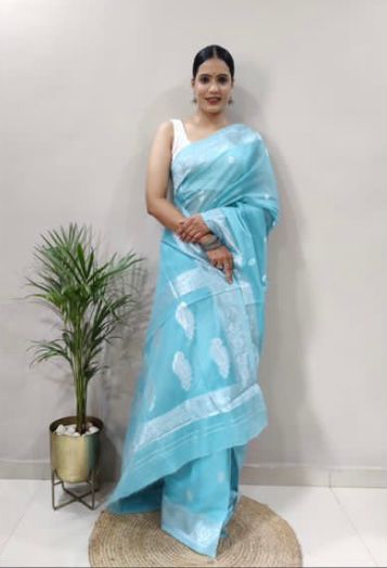 Soft Cotton Sky Blue Saree with Blouse Piece Colorful Saree