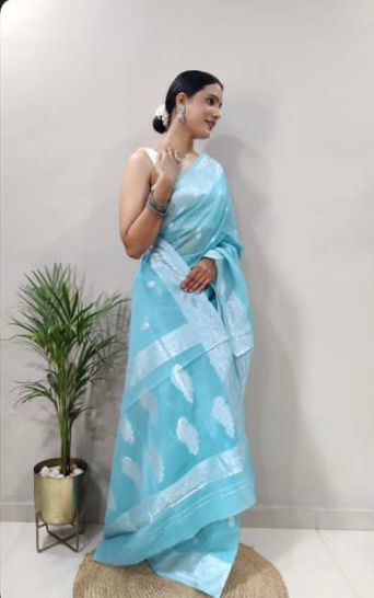 Soft Cotton Sky Blue Saree with Blouse Piece Colorful Saree