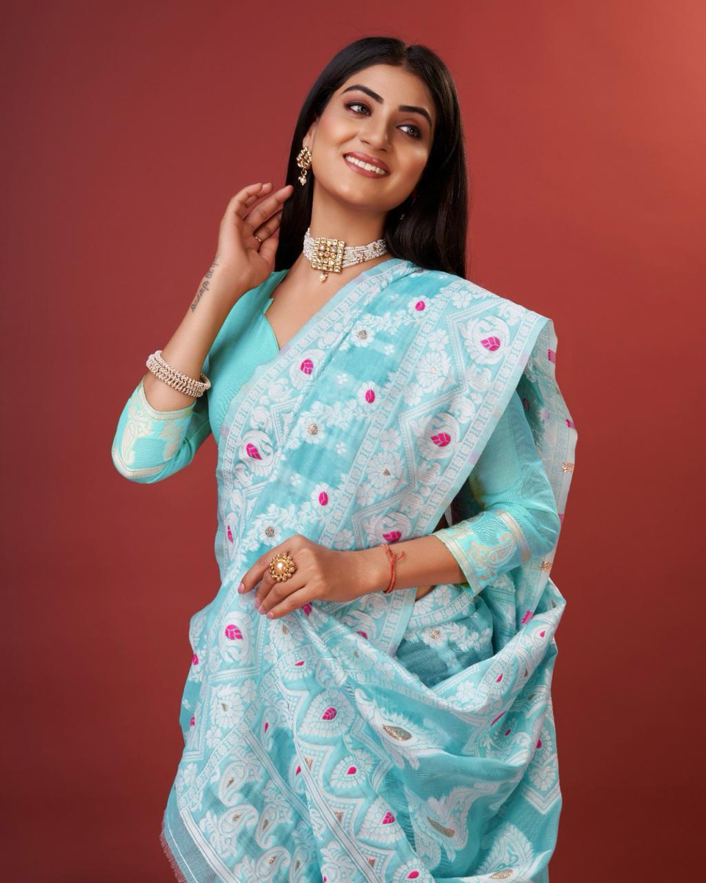 Soft Cotton Sky Blue Saree with Blouse Piece Colorful Saree