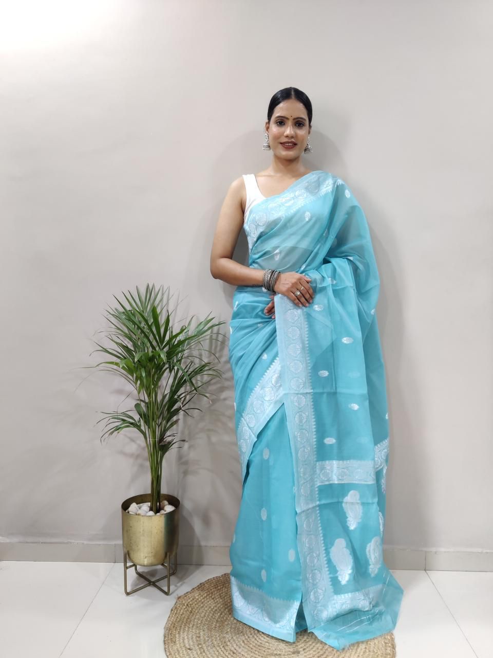 Soft Cotton Sky Blue Saree with Blouse Piece Colorful Saree