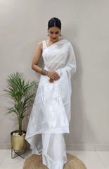 Soft Cotton White Saree with Blouse Piece Colorful Saree