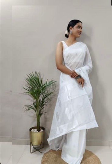 Soft Cotton White Saree with Blouse Piece Colorful Saree