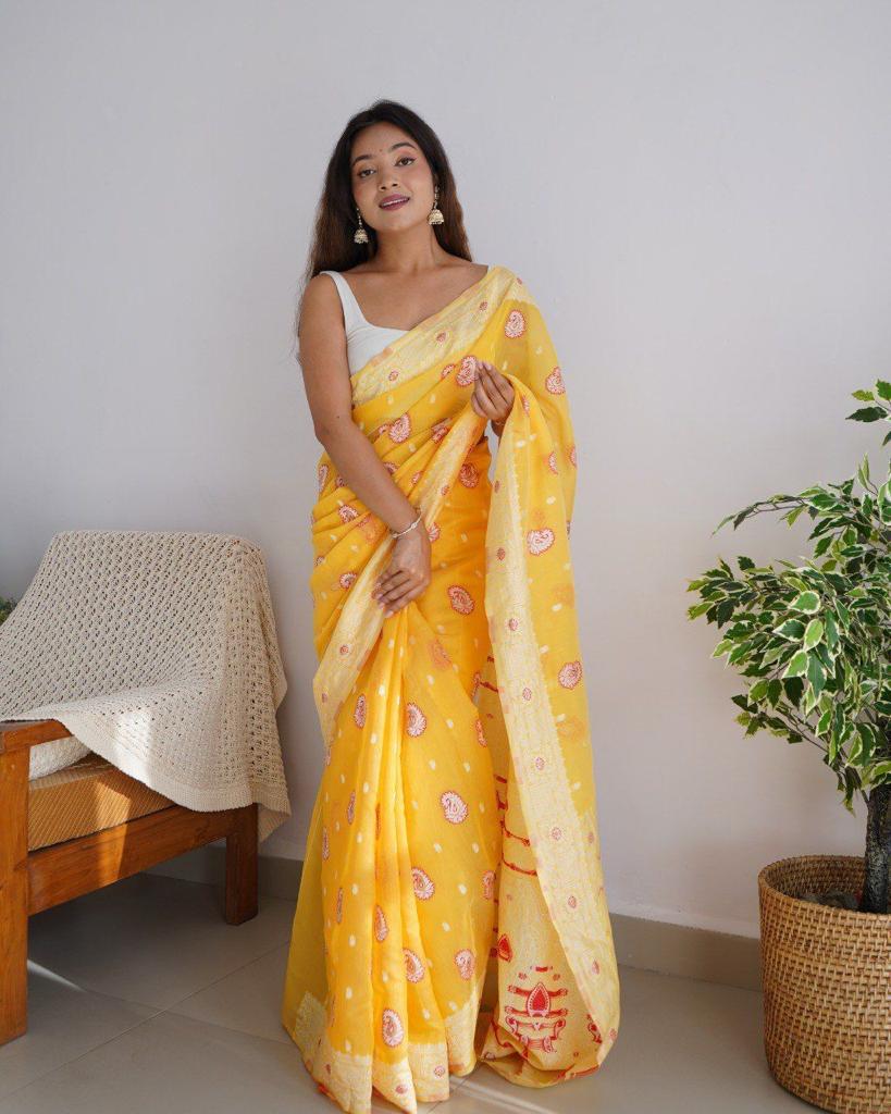 Soft Cotton Yellow Saree with Blouse Piece Colorful Saree