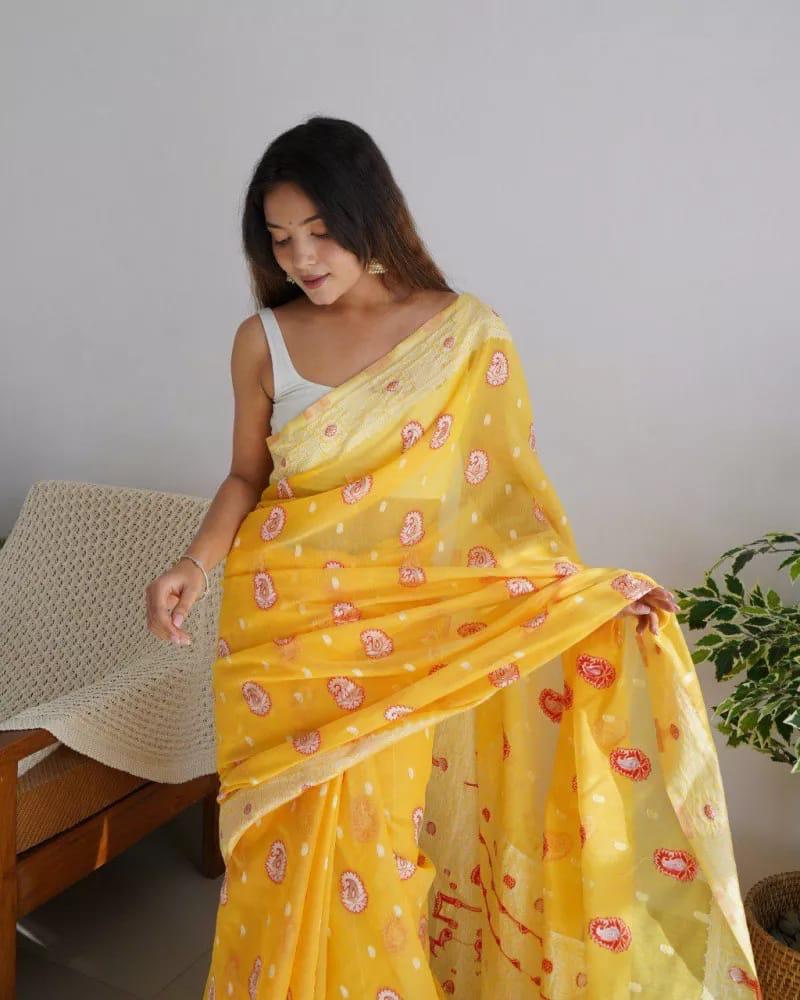 Soft Cotton Yellow Saree with Blouse Piece Colorful Saree