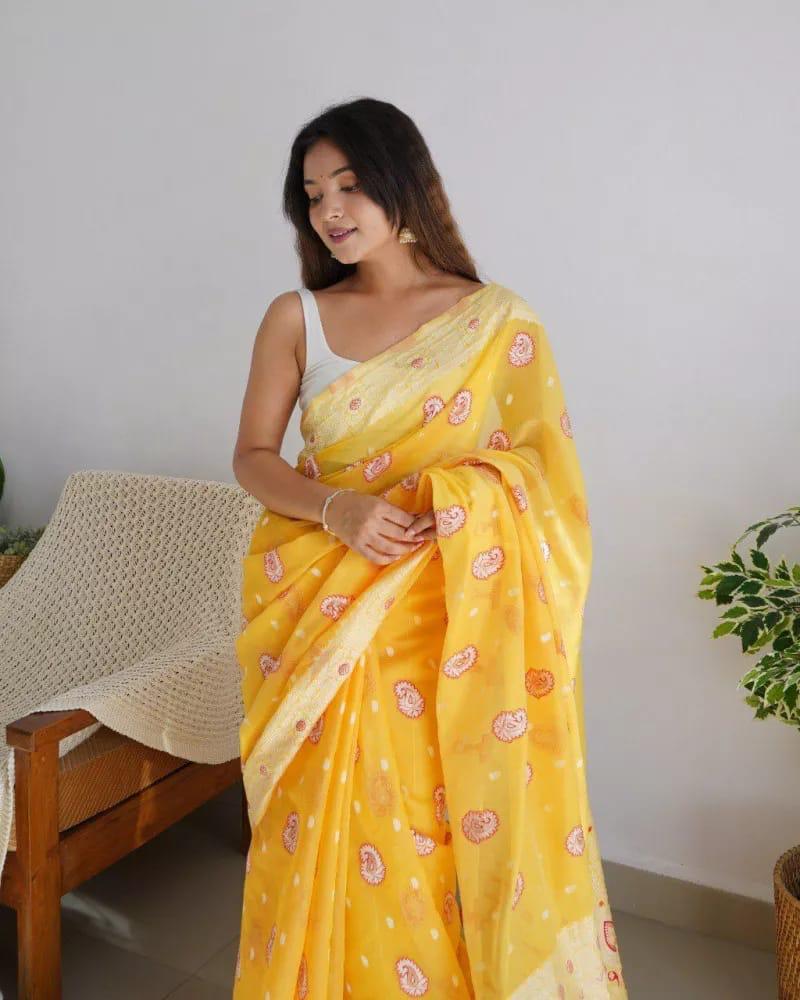 Soft Cotton Yellow Saree with Blouse Piece Colorful Saree