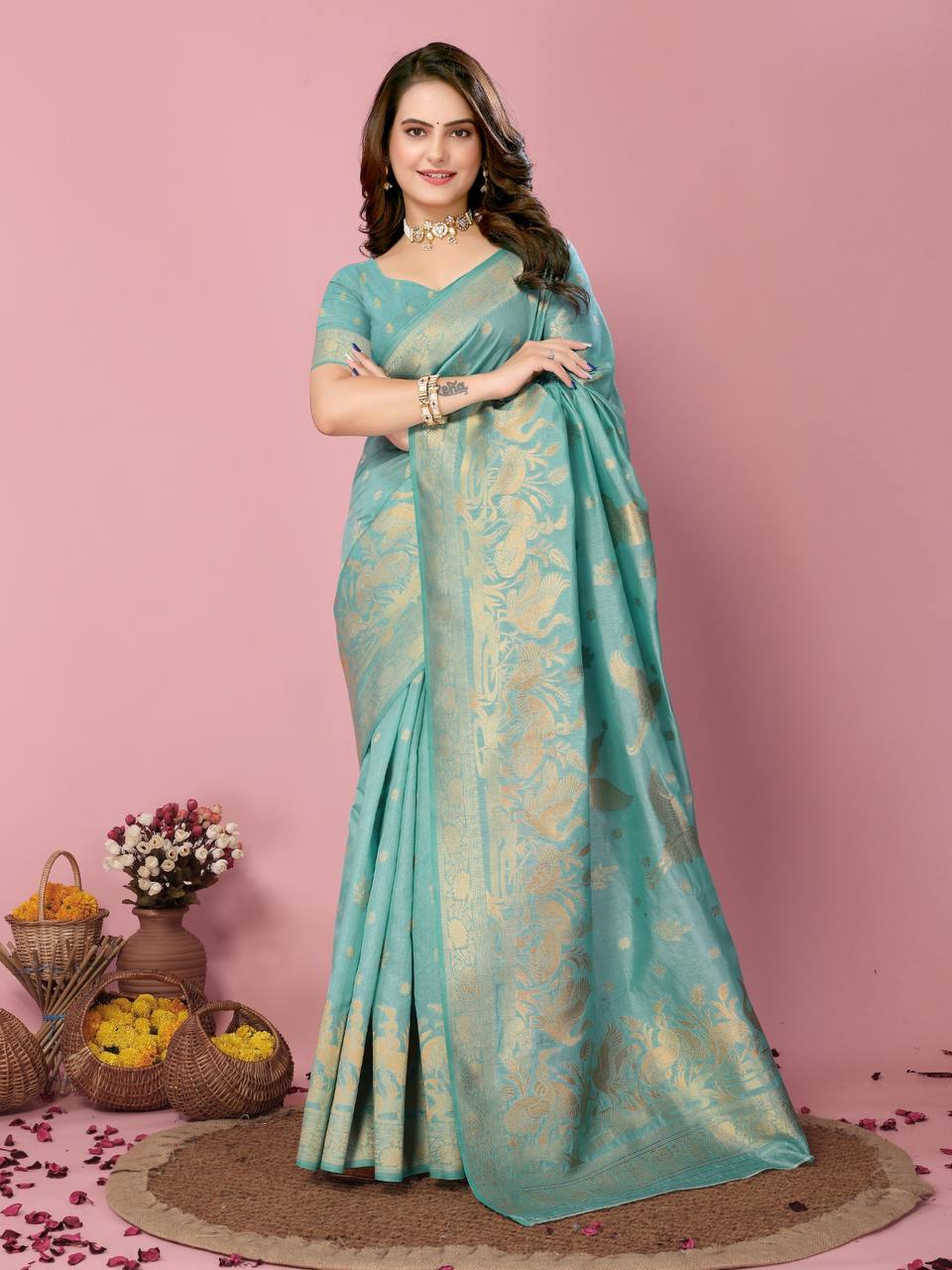 Soft Dolla Silk Blue Saree with Rich Copper Zari Work Blouse Piece Colorful Saree