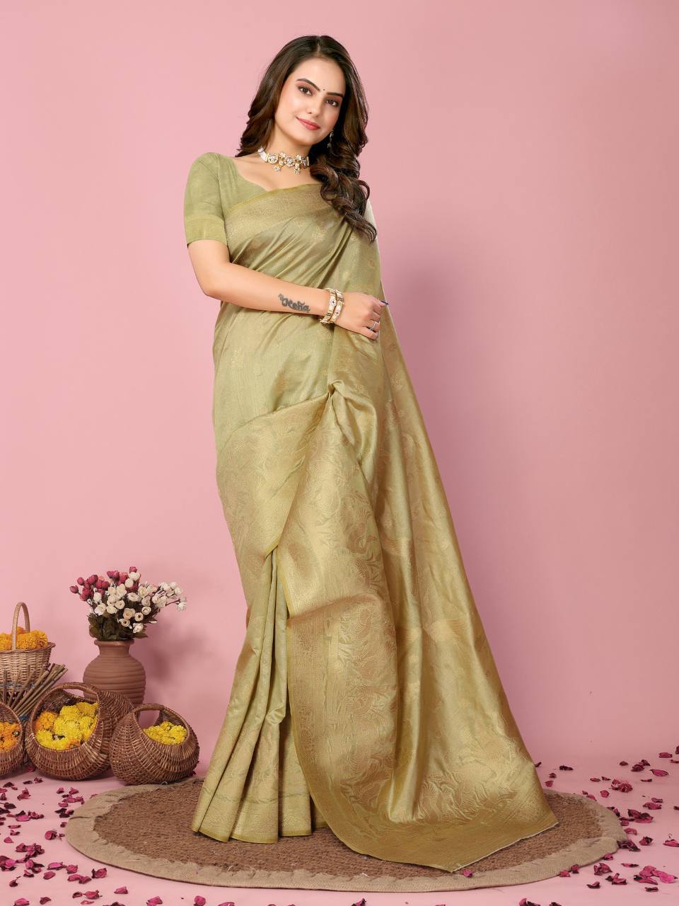 Soft Dolla Silk Mehndi Green Saree with Rich Copper Zari Work Blouse Piece Colorful Saree