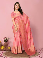 Soft Dolla Silk Pink Saree with Rich Copper Zari Work Blouse Piece Colorful Saree