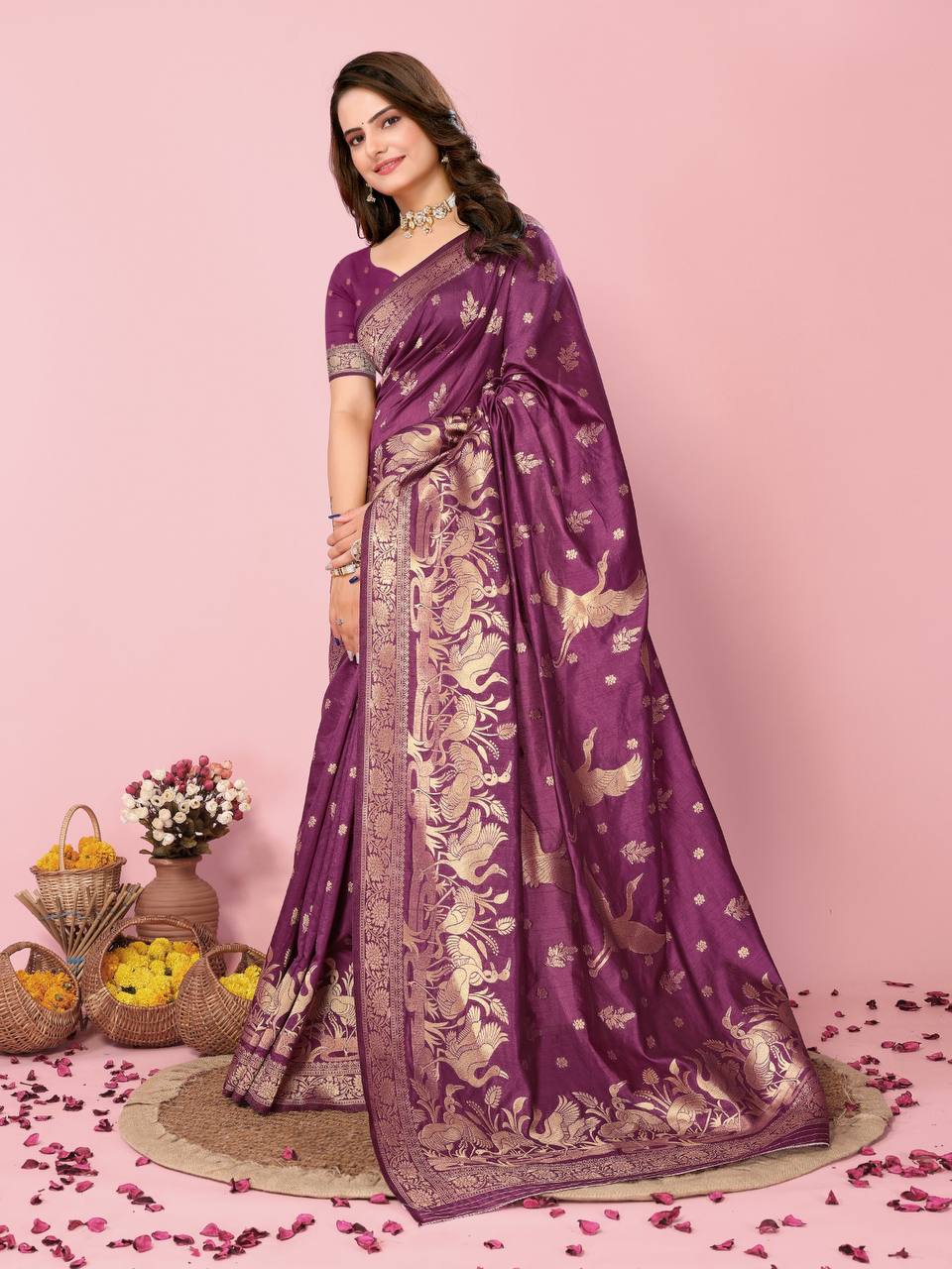 Soft Dolla Silk Wine Saree with Rich Copper Zari Work Blouse Piece Colorful Saree