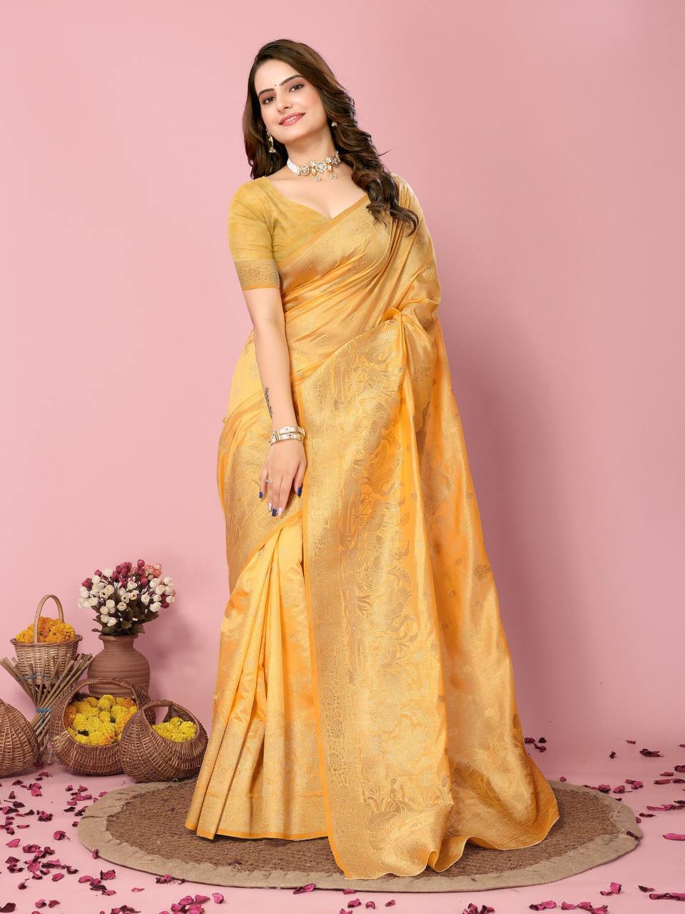 Soft Dolla Silk Yellow Saree with Rich Copper Zari Work Blouse Piece Colorful Saree