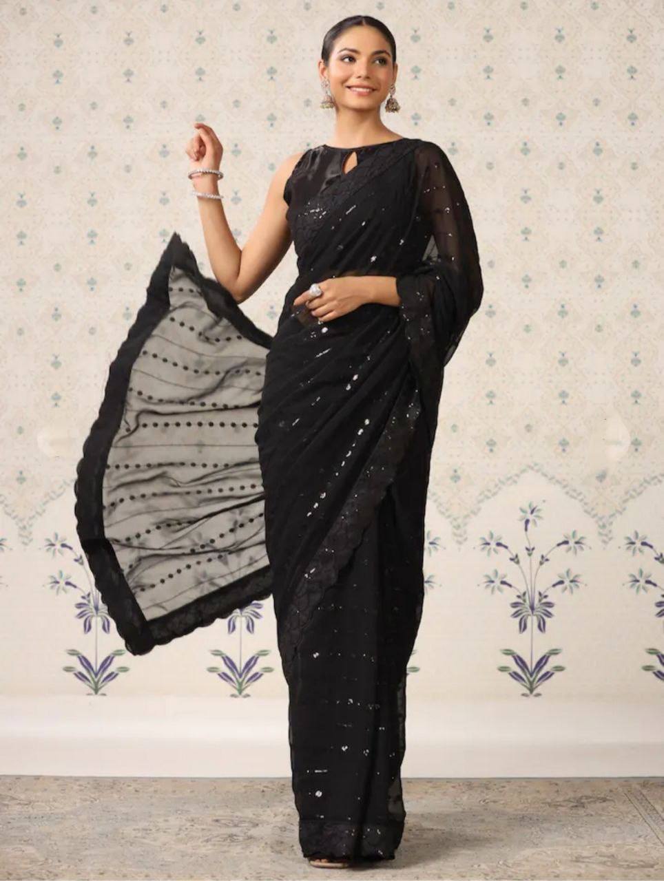 Soft Georgette Black Saree with Sequin Embroidery & Mono Banglory Blouse Colorful Saree