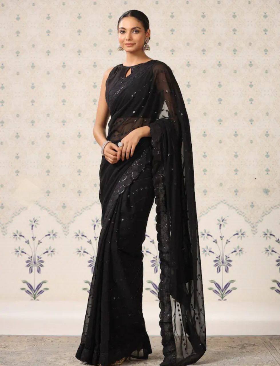 Soft Georgette Black Saree with Sequin Embroidery & Mono Banglory Blouse Colorful Saree