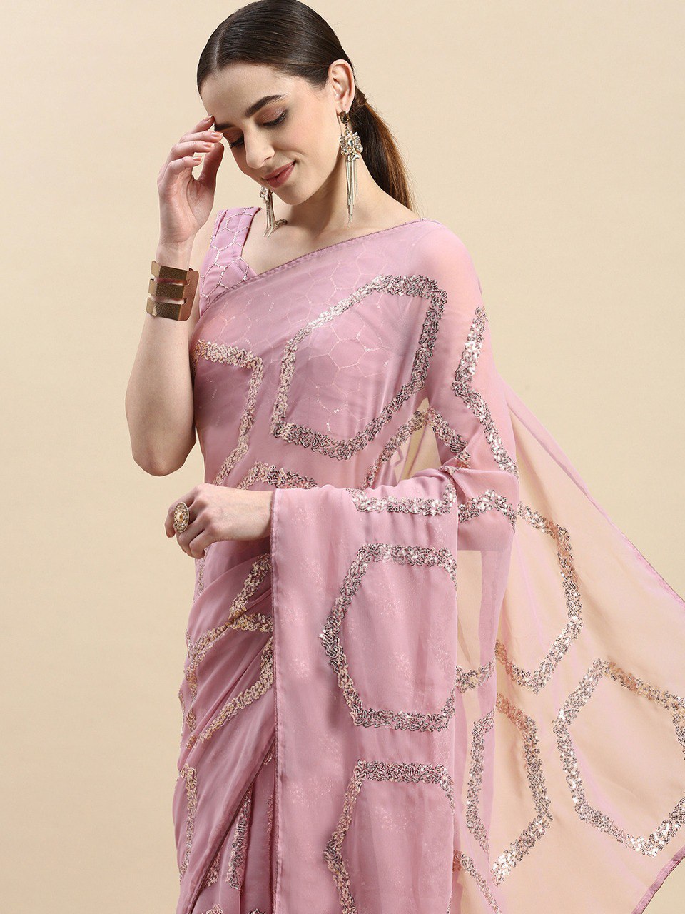 Soft Georgette Pink Saree with All-Over Sequin Work Colorful Saree