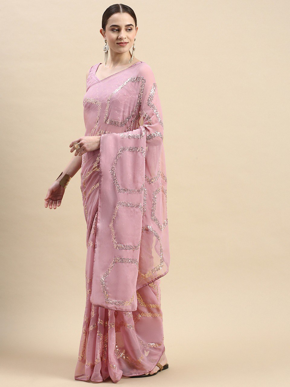 Soft Georgette Pink Saree with All-Over Sequin Work Colorful Saree