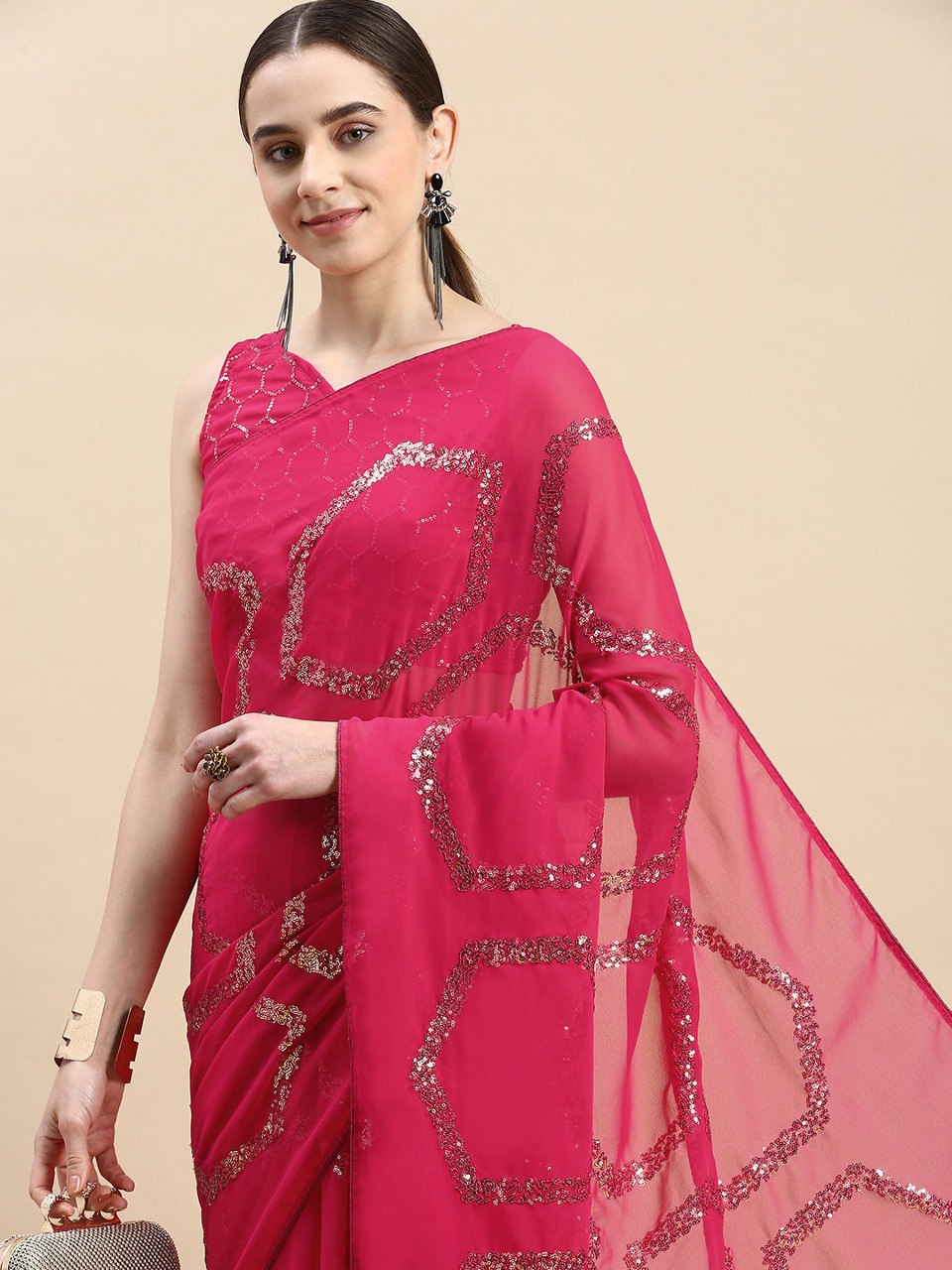 Soft Georgette Rani Pink Saree with All-Over Sequin Work Colorful Saree