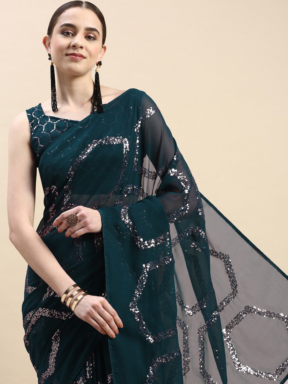 Soft Georgette Teal Blue Saree with All-Over Sequin Work Colorful Saree