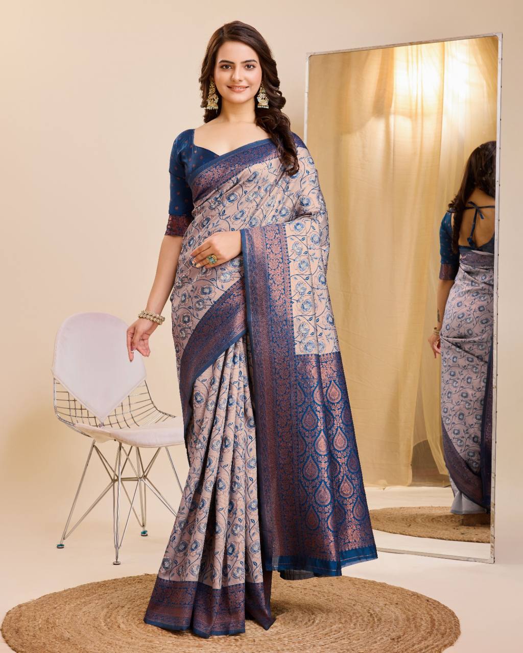 Soft Kanjivaram Silk Cream Saree with Rapier Jacquard Work & Contrast Zari Blouse Colorful Saree