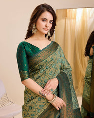 Soft Kanjivaram Silk Mint Green  Saree with Rapier Jacquard Work & Contrast Zari Blouse Colorful Saree