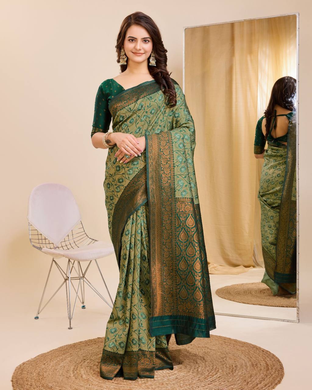 Soft Kanjivaram Silk Mint Green  Saree with Rapier Jacquard Work & Contrast Zari Blouse Colorful Saree