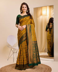 Soft Kanjivaram Silk Mustured yellow Saree with Rapier Jacquard Work & Contrast Zari Blouse Colorful Saree