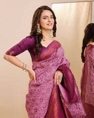 Soft Kanjivaram Silk Pink Saree with Rapier Jacquard Work & Contrast Zari Blouse Colorful Saree