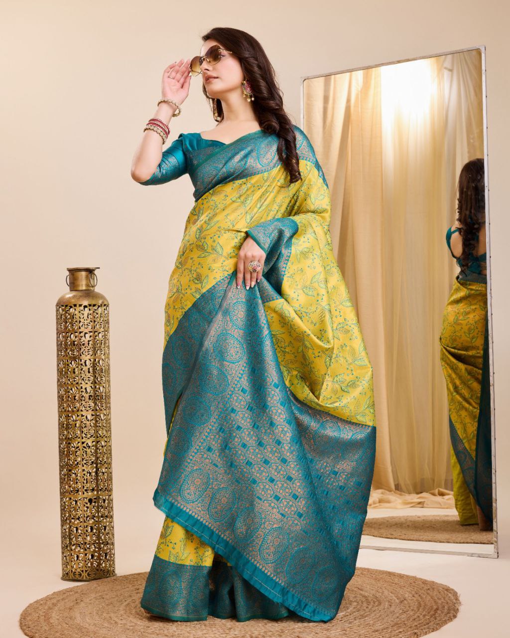 Soft Kanjiwaram Silk Lemon Yellow Saree with Rich Contrast Pallu & Blouse Piece Colorful Saree