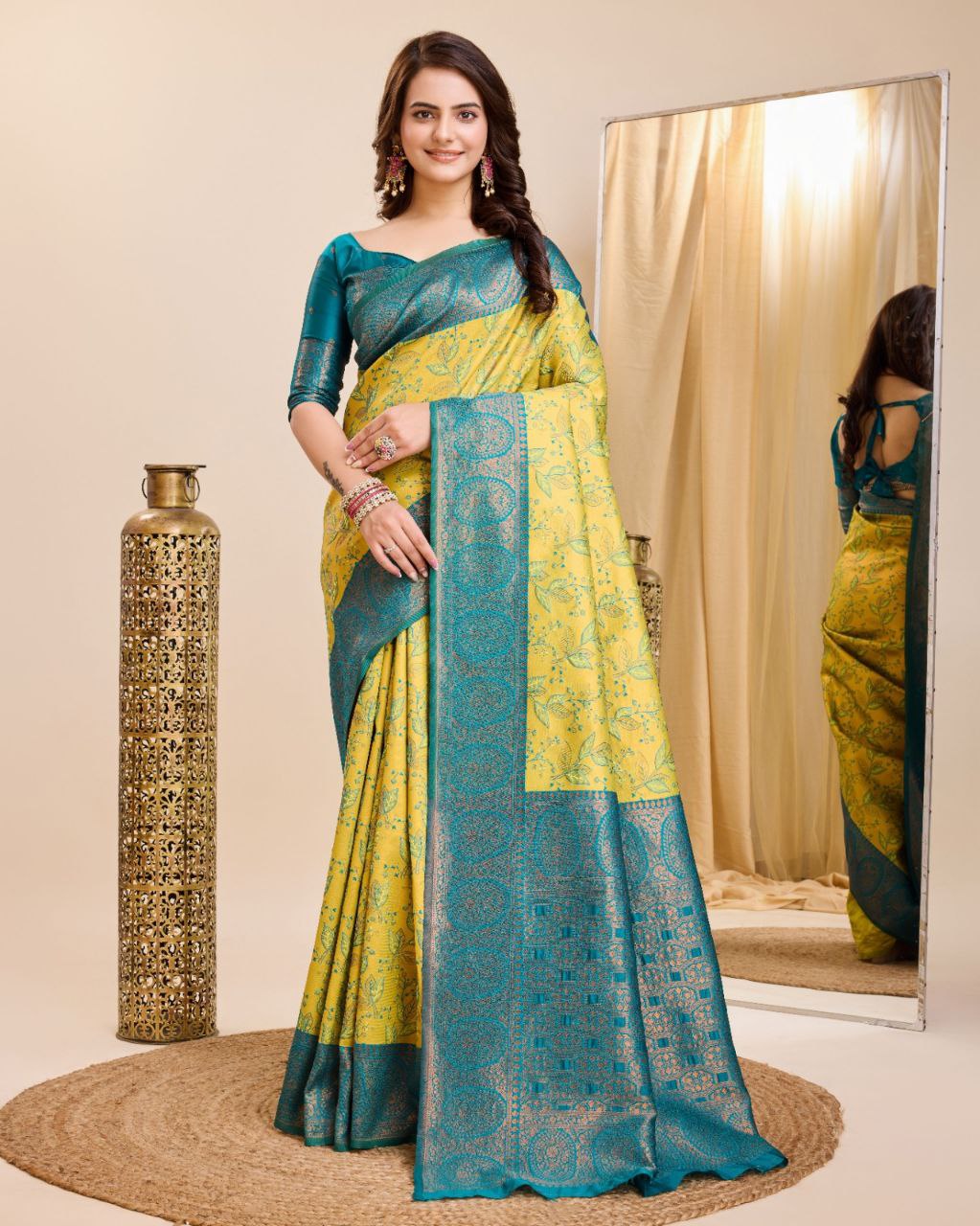 Soft Kanjiwaram Silk Lemon Yellow Saree with Rich Contrast Pallu & Blouse Piece Colorful Saree