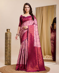 Soft Kanjiwaram Silk Pink Saree with Rich Contrast Pallu & Blouse Piece Colorful Saree