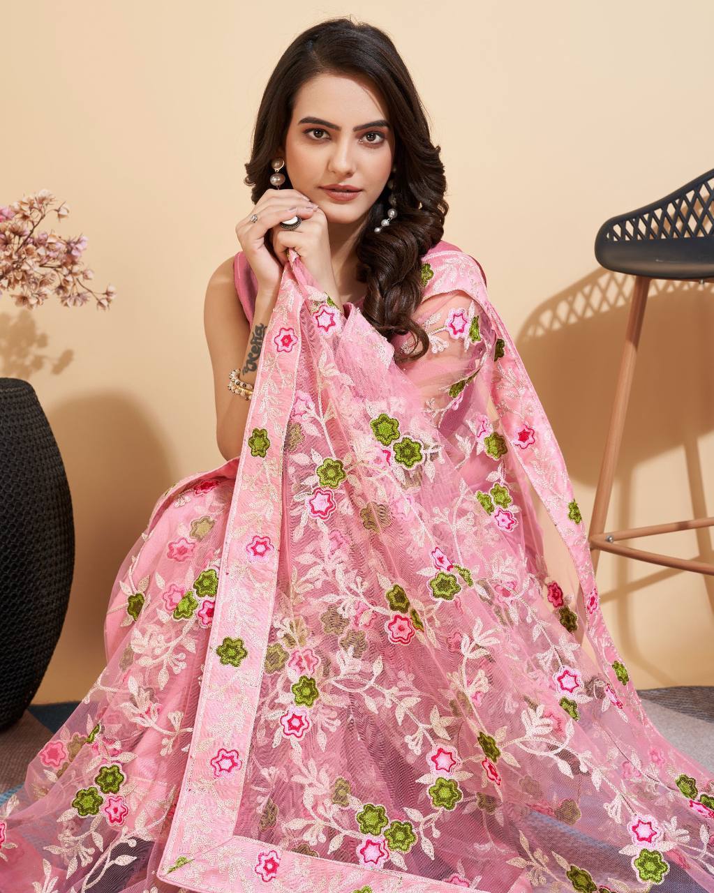 Soft Net Baby Pink Saree with Multicolor Chikankari Embroidery & Mono Banglory Blouse Colorful Saree