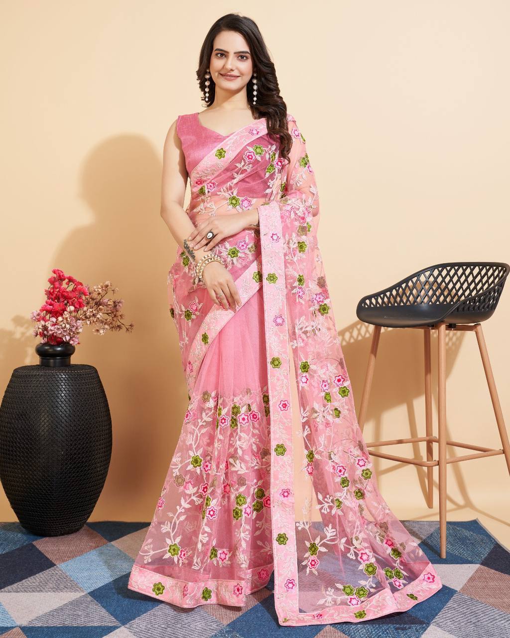 Soft Net Baby Pink Saree with Multicolor Chikankari Embroidery & Mono Banglory Blouse Colorful Saree