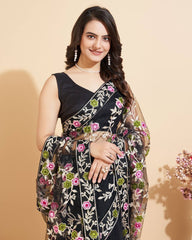 Soft Net Black Saree with Multicolor Chikankari Embroidery & Mono Banglory Blouse Colorful Saree