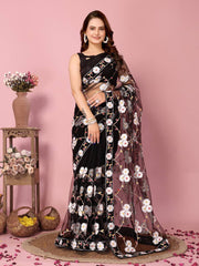 Soft Net Black Saree with Chikankari Embroidery & Mono Banglory Blouse Colorful Saree