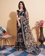 Soft Net Black Saree with Multicolor Chikankari Embroidery & Mono Banglory Blouse Colorful Saree