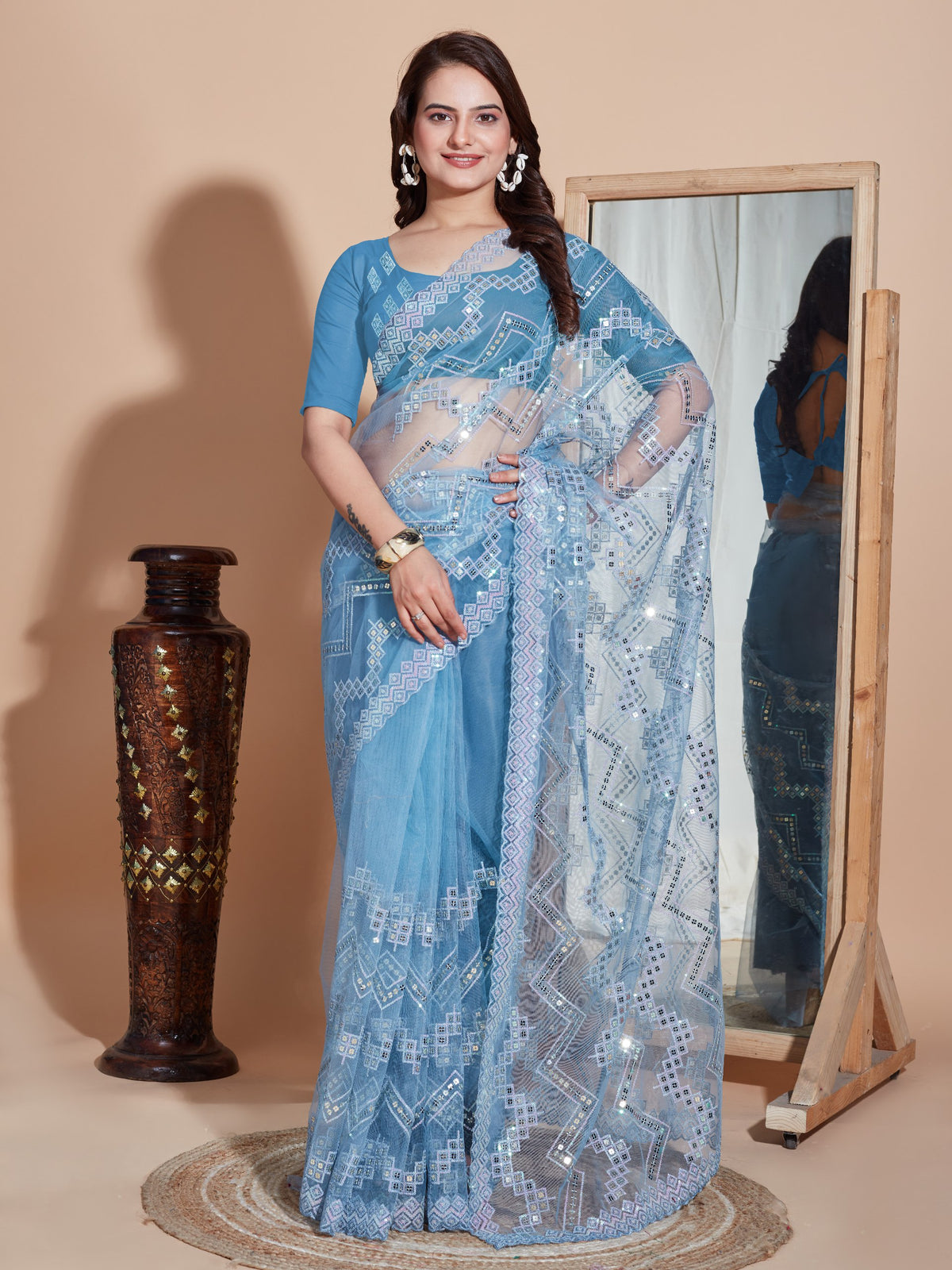 Soft Net Blue Saree with Embroidery & Sequenced Work Colorful Saree