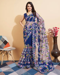 Soft Net Blue Saree with Multicolor Chikankari Embroidery & Mono Banglory Blouse Colorful Saree