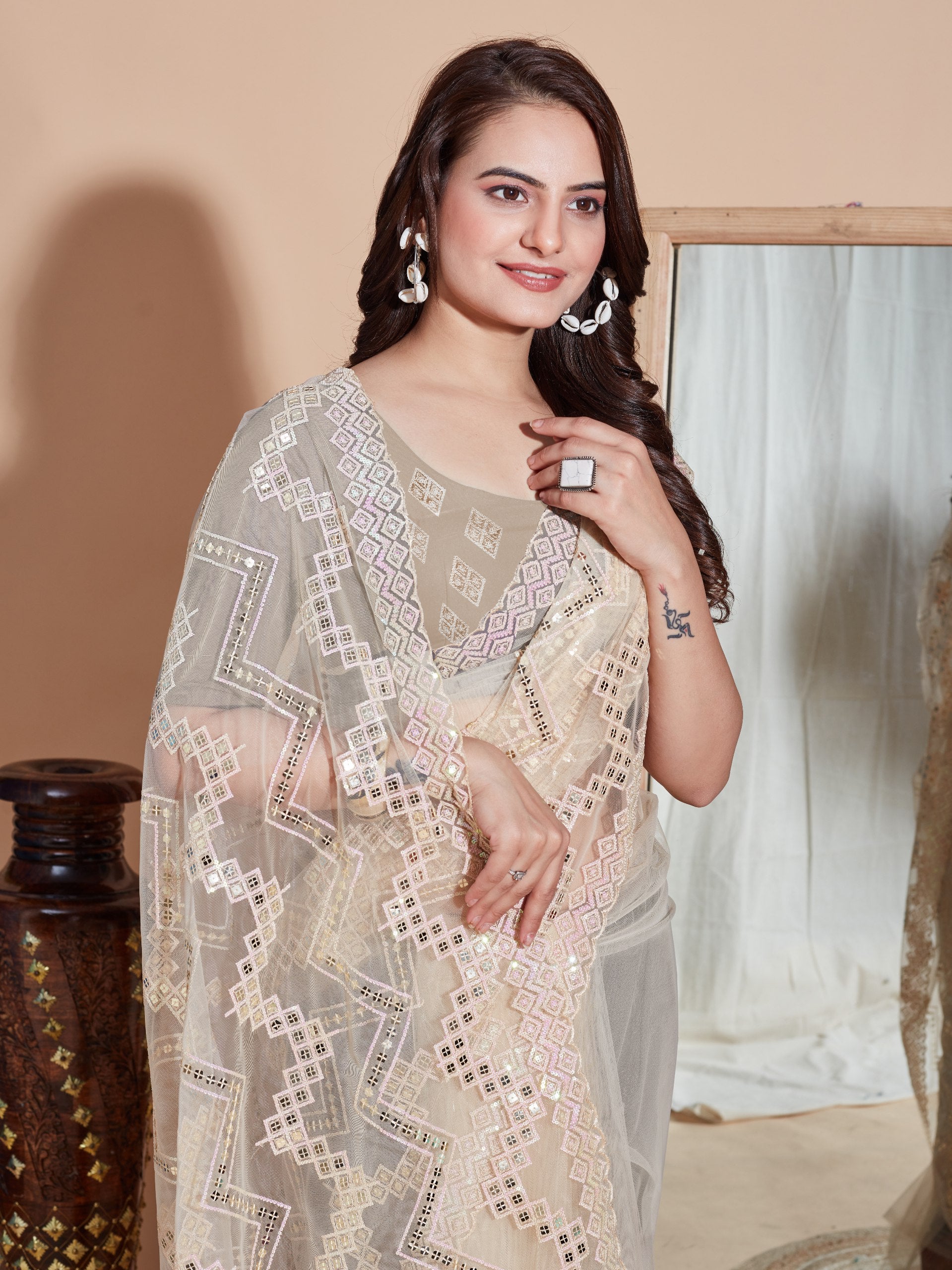 Soft Net Cream  Saree with Embroidery & Sequenced Work Colorful Saree