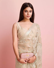 Soft Net Cream Saree with All-Over Sequin Leaf Work & Mono Banglory Silk Blouse Colorful Saree