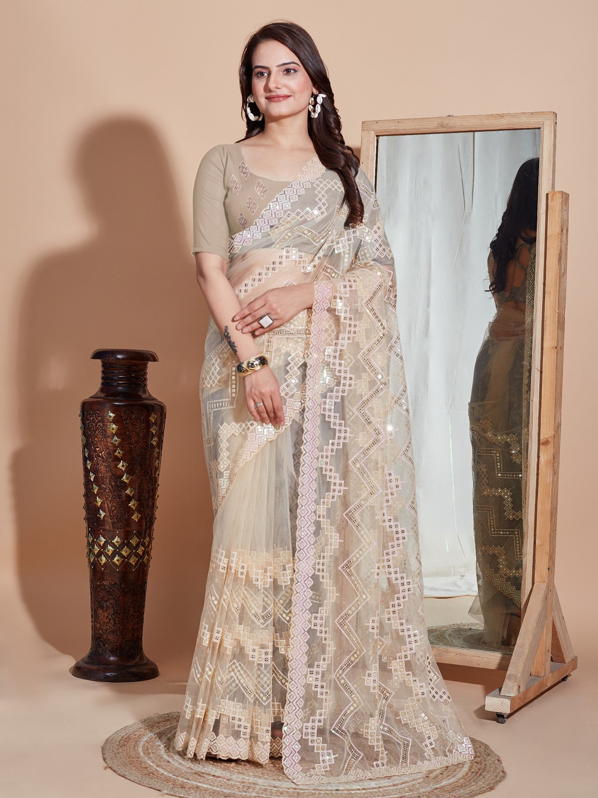 Soft Net Cream  Saree with Embroidery & Sequenced Work Colorful Saree